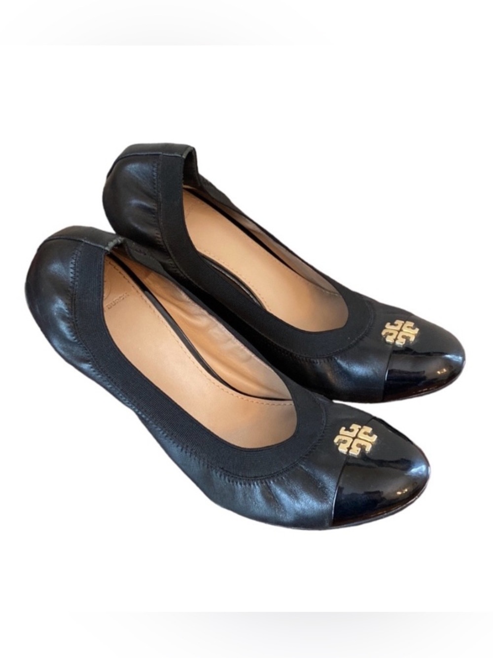 Tory Burch Jolie Black Leather SZ 9.5 Patent Toe Classic Preppy Chic Wedge Heels